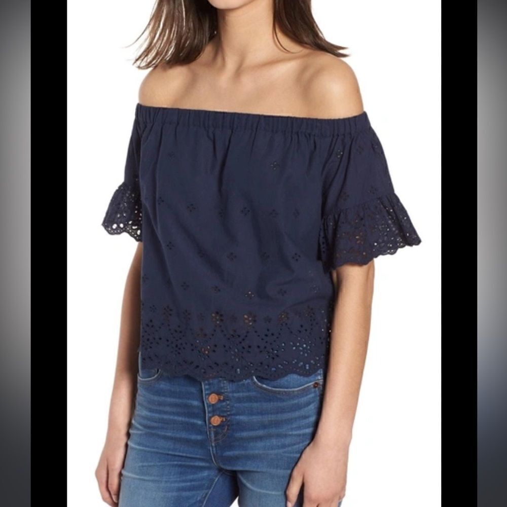 Madewell Off the Shoulder Eyelet Top Navy Blue